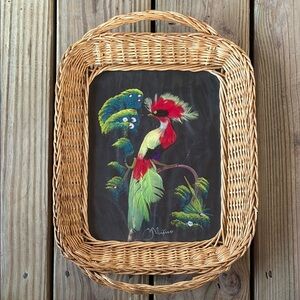 Vintage Mexican Folk Art MCM Feather Painting Wicker Tray